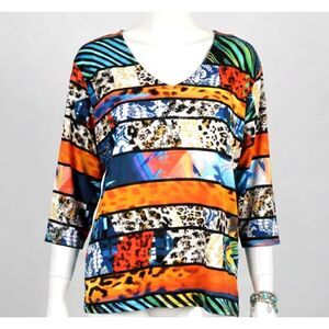 Valentina Woman's Festive Tunic Top Sz. XL Mixed Prints Embellished Bright Bold